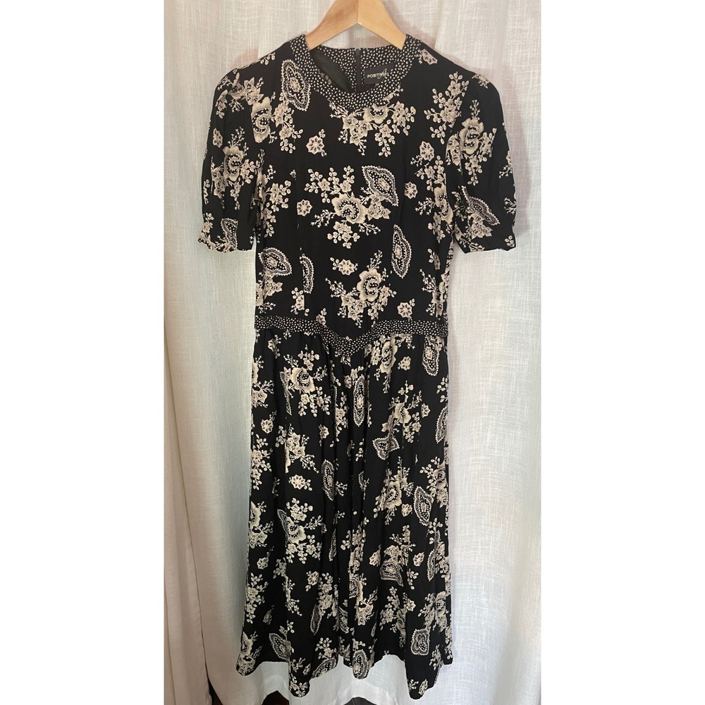 POSITIVE ATTITUDE Black Beige Floral Paisley Midi Dress Women's 9 10 Rayon